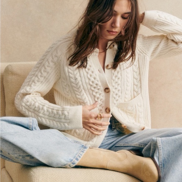 Sezane Cream Cable Knit Cardigan - Picture 2 of 6